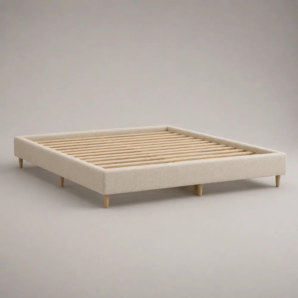 Polsterbett ohne Kopfteil mit Holz-Lattenrost, Bouclé-Stoff, Beige/Hellbraun, Liegefläche 160 × 200 cm, Gesamtmaß 170 × 210 × 31 cm