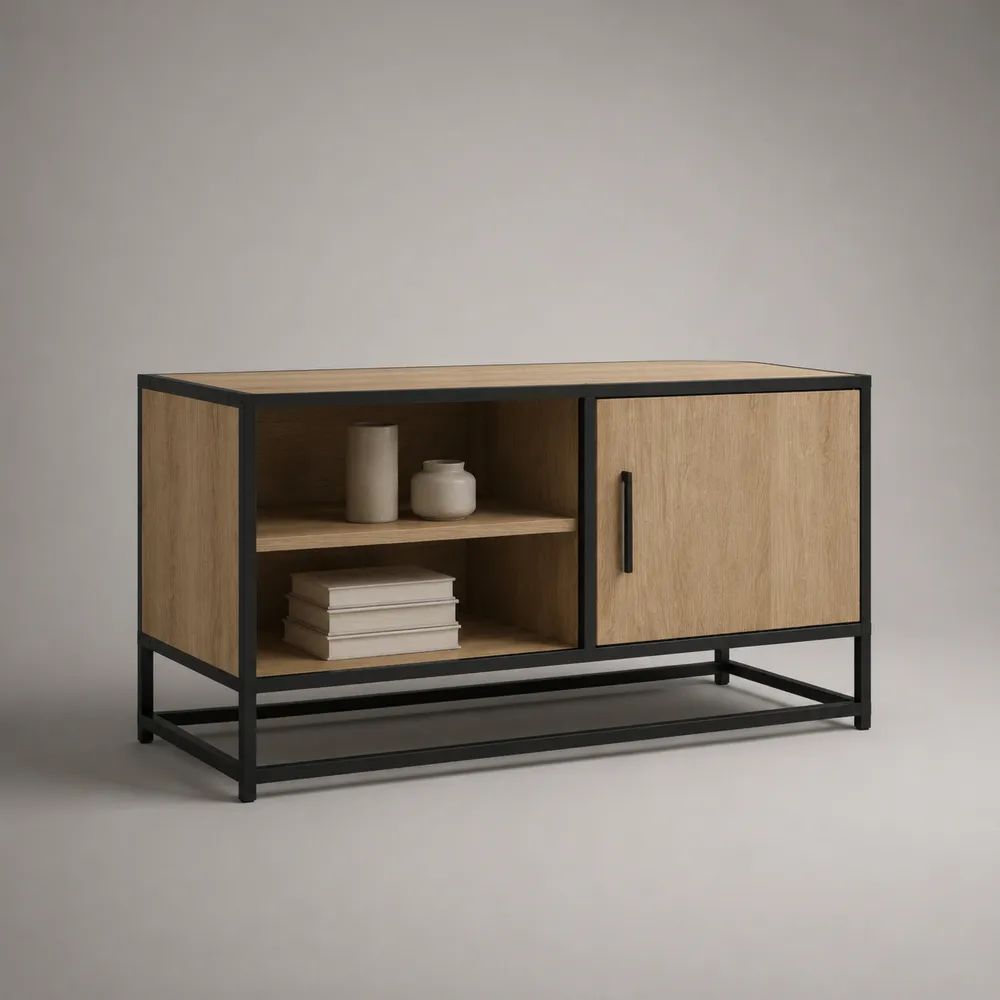 TV-Schrank Lowboard aus MDF mit Eichenfurnier und Stahlrahmen, Natur/Schwarz, 120 × 40 × 70 cm