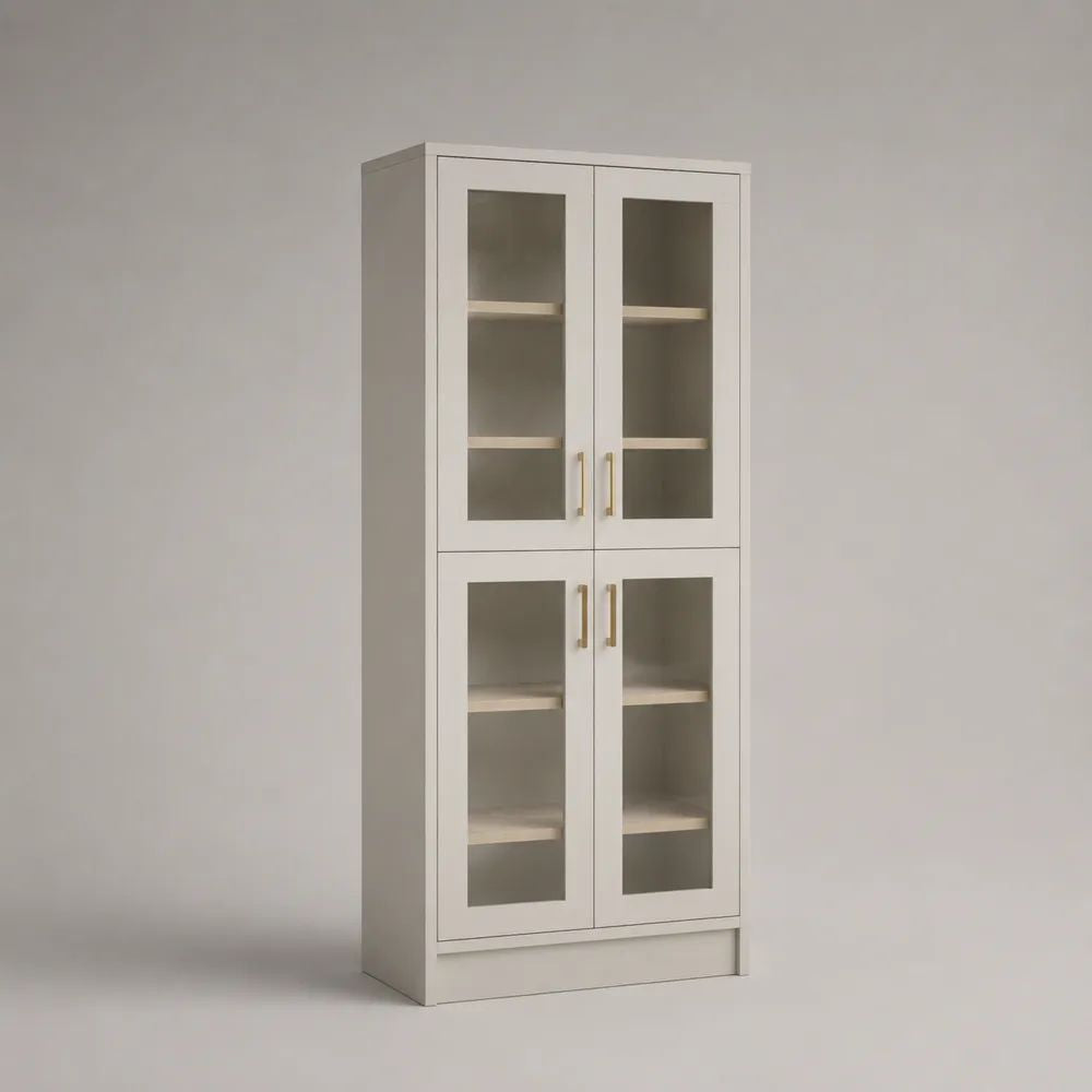 Rechteckiger Vitrinenschrank mit 4 Glastüren und 6 Fächern aus Spanplatte und gehärtetem Glas, Weiß, 80 × 35 × 180 cm