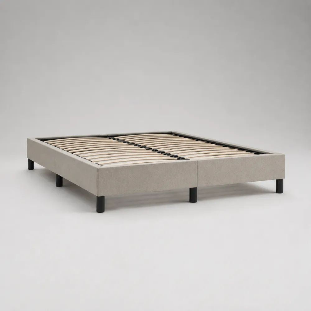 Polsterbett ohne Kopfteil 160 x 200 cm mit Lattenrost aus Stoff, Holz und Metall, Beige/Schwarz