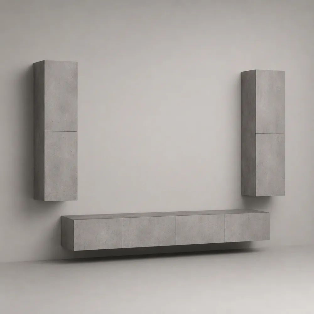 TV-Wandmöbel-Set 3-teilig aus Spanplatte in grauer Betonoptik, Lowboard 240 x 40 x 40 cm und 2 Hängeschränke je 40 x 120 x 30 cm