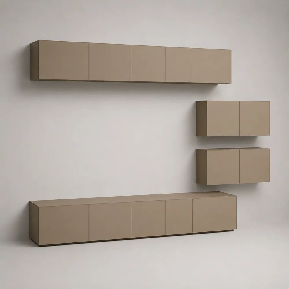 4-teilige Wohnwand aus Holz, Taupe, Lowboard 240 × 40 × 50 cm, Hängeschrank 240 × 35 × 40 cm und 2 Hängeschränke je 90 × 35 × 50 cm