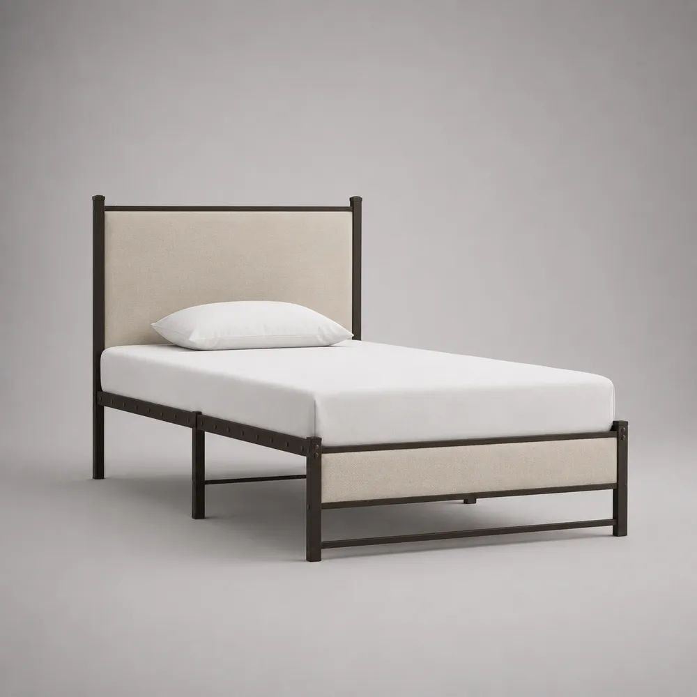 Einzelbett aus Stahl mit gepolstertem Kopf- und Fußteil, 90 x 200 cm, Dunkelbraun/Beige