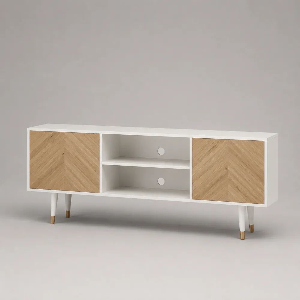 TV-Lowboard aus MDF und Eichenfurnier mit 2 Türen und 2 offenen Fächern, Weiß/Natur/Messingfarben, 140 × 40 × 60 cm