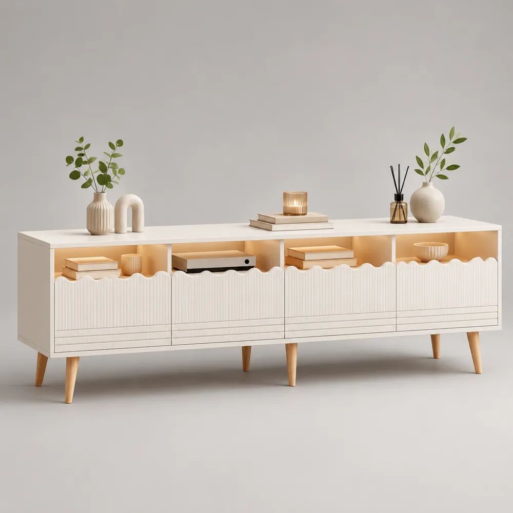 TV-Lowboard Sideboard aus MDF und Massivholz mit 4 Türen und 4 offenen Fächern, Weiß/Natur, 180 x 40 x 80 cm