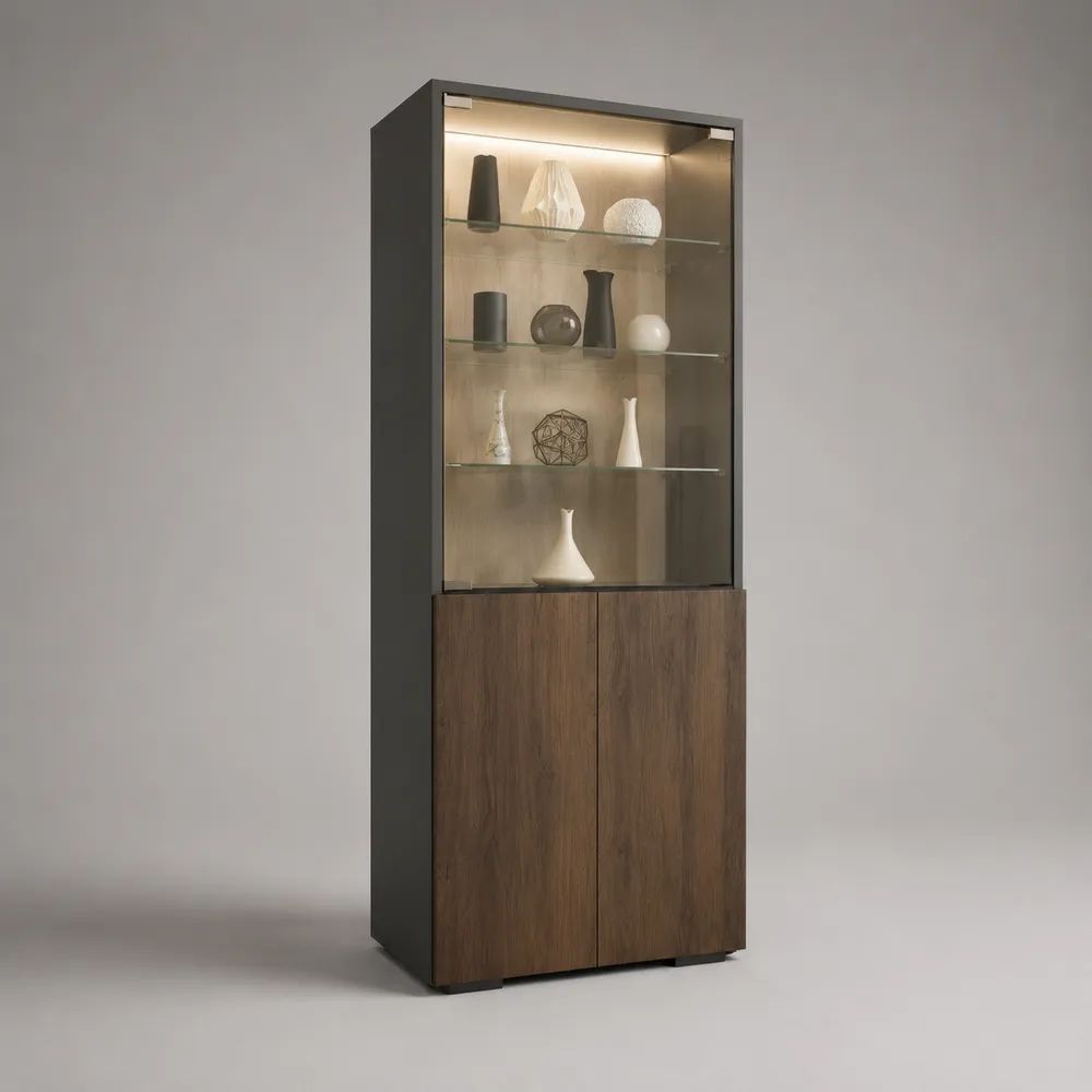 LED-Vitrine mit 3 Glasböden und 3 Türen aus Spanplatte und Sicherheitsglas, Anthrazit/Walnussbraun, 80 × 40 × 200 cm