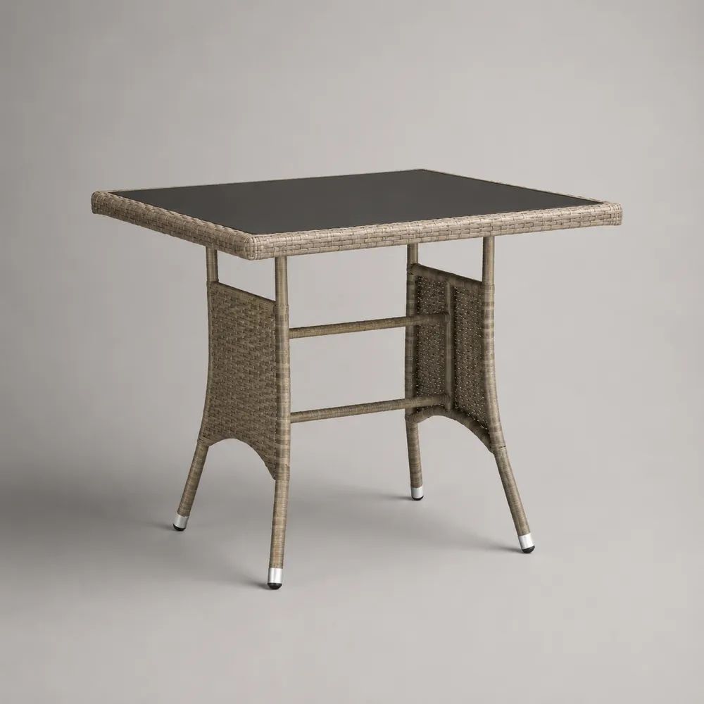 Quadratischer Gartentisch aus PE-Rattan mit Stahlgestell und 5-mm-Glasplatte, Taupe/Schwarz, 80 x 80 x 75 cm