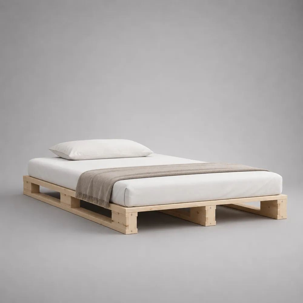 Palettenbett 140 x 200 cm aus massiver Kiefer, Natur, rechteckig, ohne Kopfteil