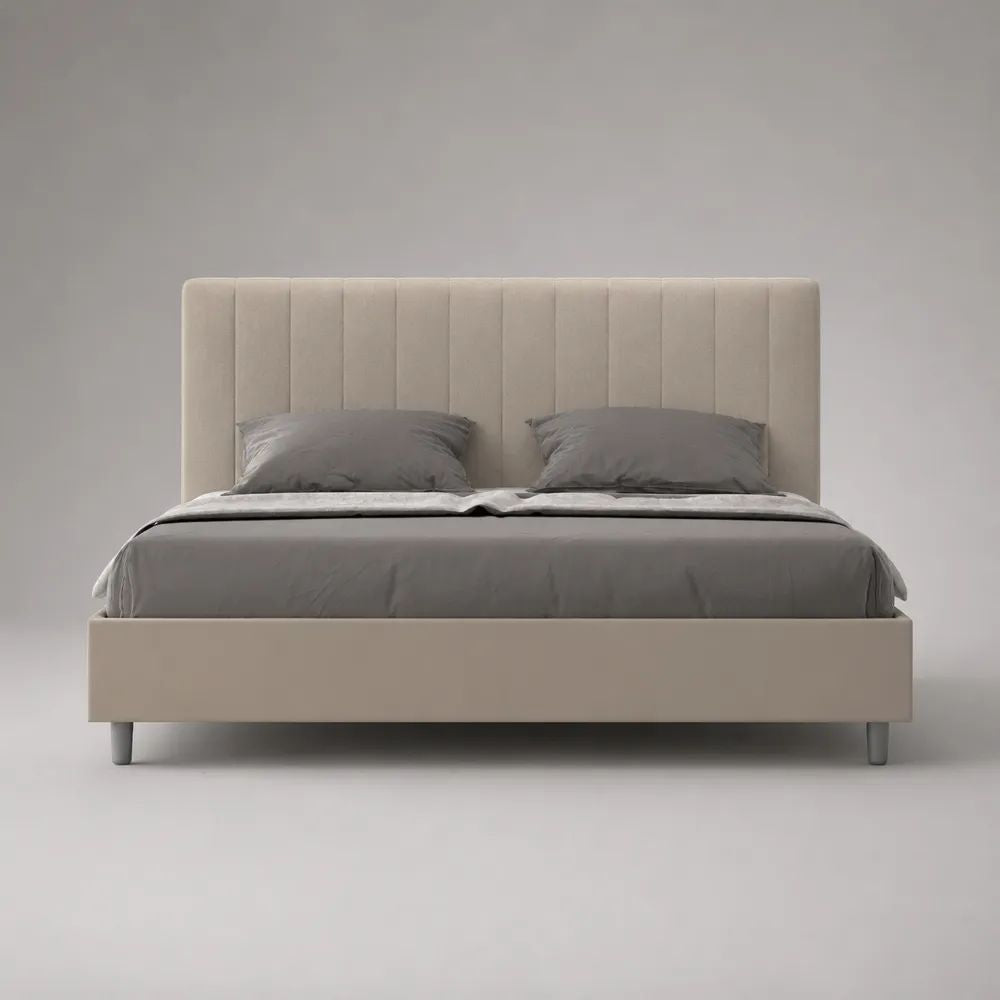 Beiges Polsterbett mit Lattenrost, Doppelbett aus Holz und Metall mit Stoffbezug, Liegefläche 160 x 200 cm, Gesamtmaß 172 x 214 x 112 cm