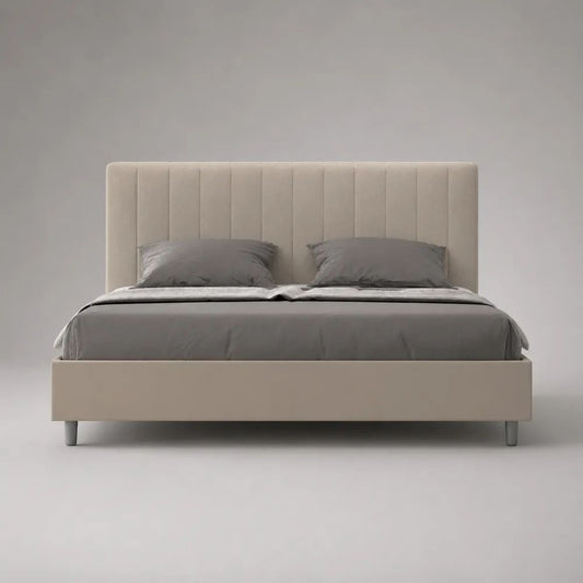 Beiges Polsterbett mit Lattenrost, Doppelbett aus Holz und Metall mit Stoffbezug, Liegefläche 160 x 200 cm, Gesamtmaß 172 x 214 x 112 cm