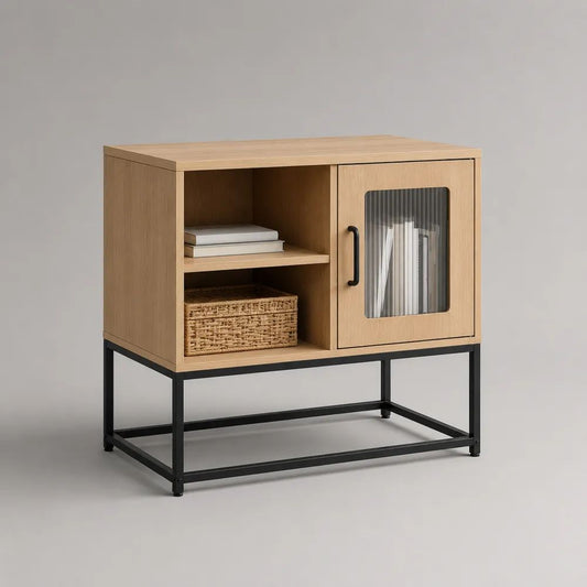 TV-Schrank aus Spanplatte und Stahl mit geriffelter Glastür, 2 offenen Fächern, Natur/Schwarz, 80 × 40 × 90 cm