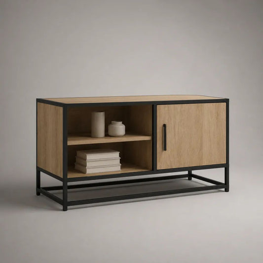 TV-Schrank Lowboard aus MDF mit Eichenfurnier und Stahlrahmen, Natur/Schwarz, 120 × 40 × 70 cm
