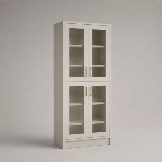 Rechteckiger Vitrinenschrank mit 4 Glastüren und 6 Fächern aus Spanplatte und gehärtetem Glas, Weiß, 80 × 35 × 180 cm