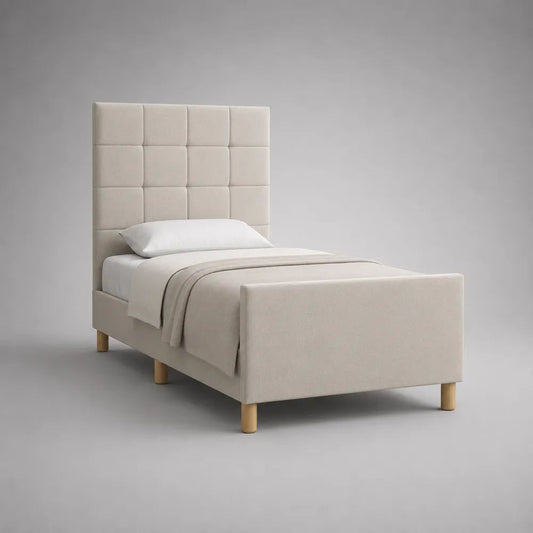 Polsterbett 90 x 200 cm mit hohem Kopfteil, Polyester-Bouclé, Beige/Natur, 214 x 102 x 120 cm