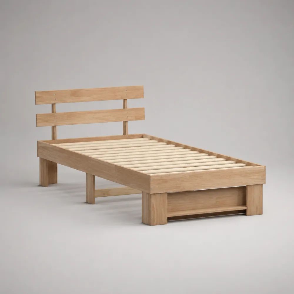 Einzelbett aus Massivholz mit Kopfteil und Lattenrost, Naturbraun, Liegefläche 90 × 200 cm