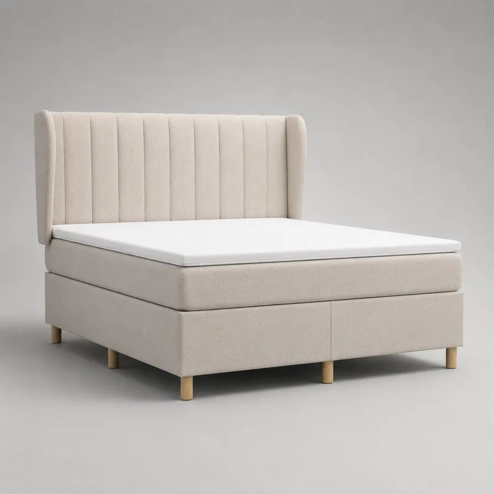Boxspringbett-Set 180 × 200 cm mit Taschenfederkernmatratze, PU-Schaum-Topper und Polyesterbezug, Beige/Natur