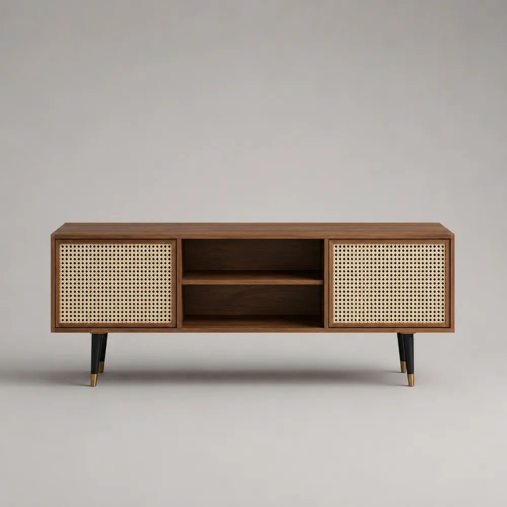 TV-Lowboard aus MDF mit 2 Rattantüren und 2 offenen Fächern, Walnussbraun/Natur, 140 x 40 x 60 cm