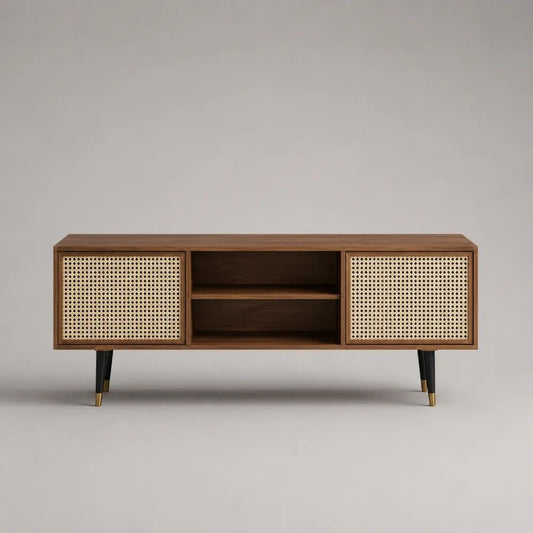 TV-Lowboard aus MDF mit 2 Rattantüren und 2 offenen Fächern, Walnussbraun/Natur, 140 x 40 x 60 cm