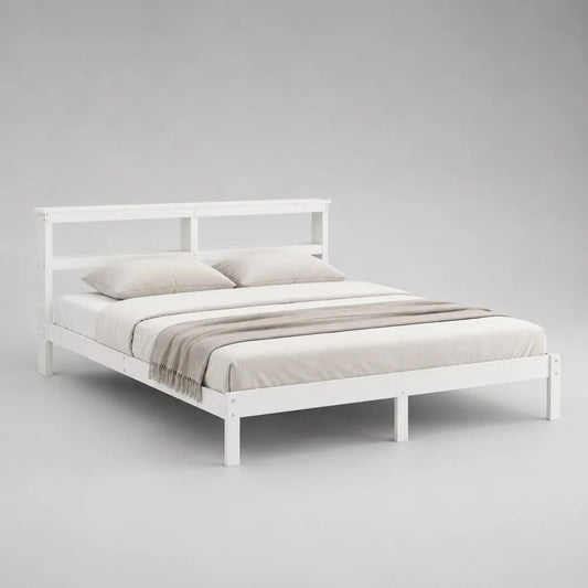 Doppelbett aus massivem Kiefernholz mit Ablagekopfteil, Weiß, Liegefläche 180 x 200 cm