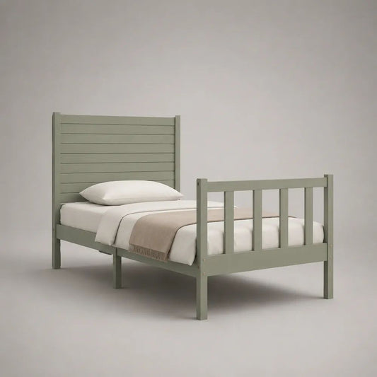 Einzelbett aus massivem Kiefernholz mit Lattenrost, Salbeigrün, Liegefläche 90 × 200 cm, ca. 209 × 99 × 120 cm