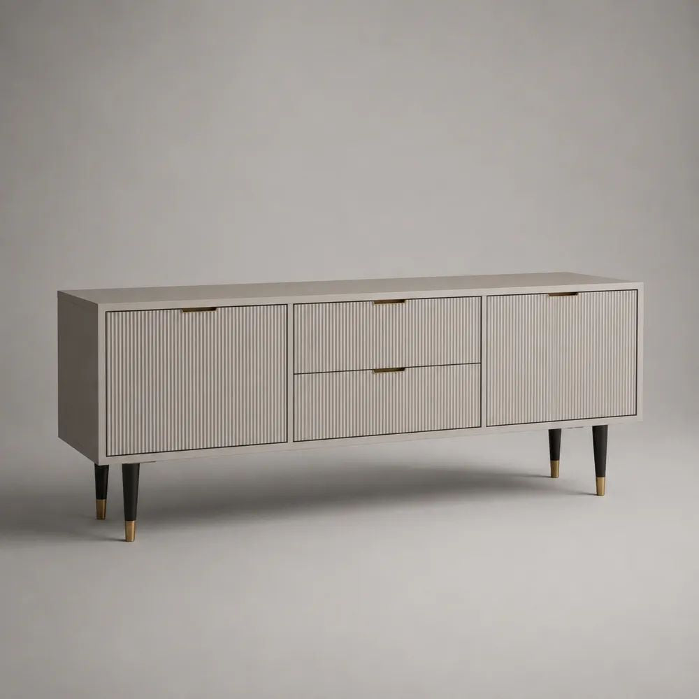 TV-Lowboard aus MDF mit 2 Türen und 2 Schubladen, Greige/Schwarz/Messingfarben, 160 × 40 × 75 cm