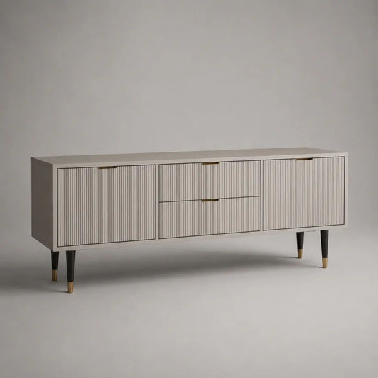 TV-Lowboard aus MDF mit 2 Türen und 2 Schubladen, Greige/Schwarz/Messingfarben, 160 × 40 × 75 cm