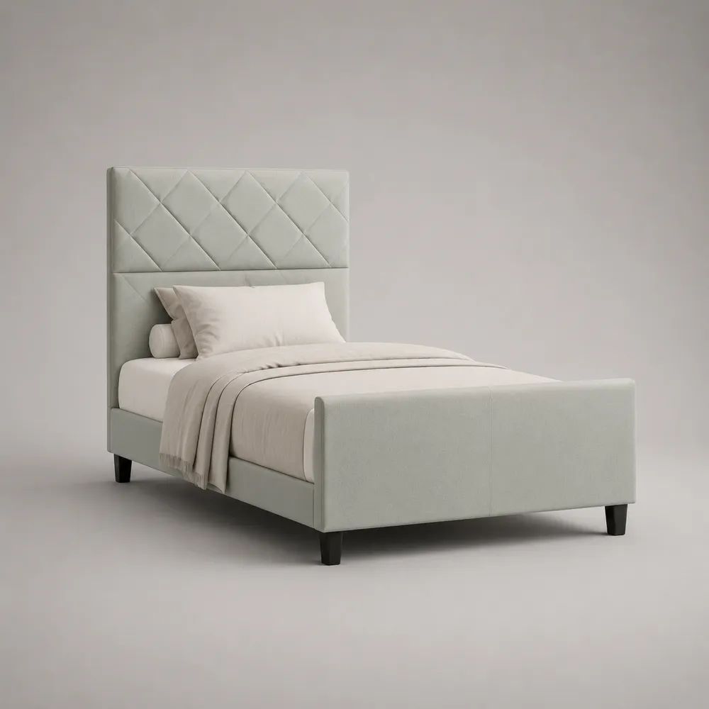 Polsterbett 90 × 200 cm mit Lattenrost und gestepptem Kopfteil, Gesamtmaß 215 × 102 × 130 cm, Polyester, Hellgrau/Schwarz