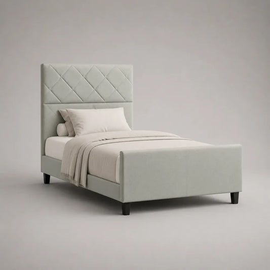 Polsterbett 90 × 200 cm mit Lattenrost und gestepptem Kopfteil, Gesamtmaß 215 × 102 × 130 cm, Polyester, Hellgrau/Schwarz
