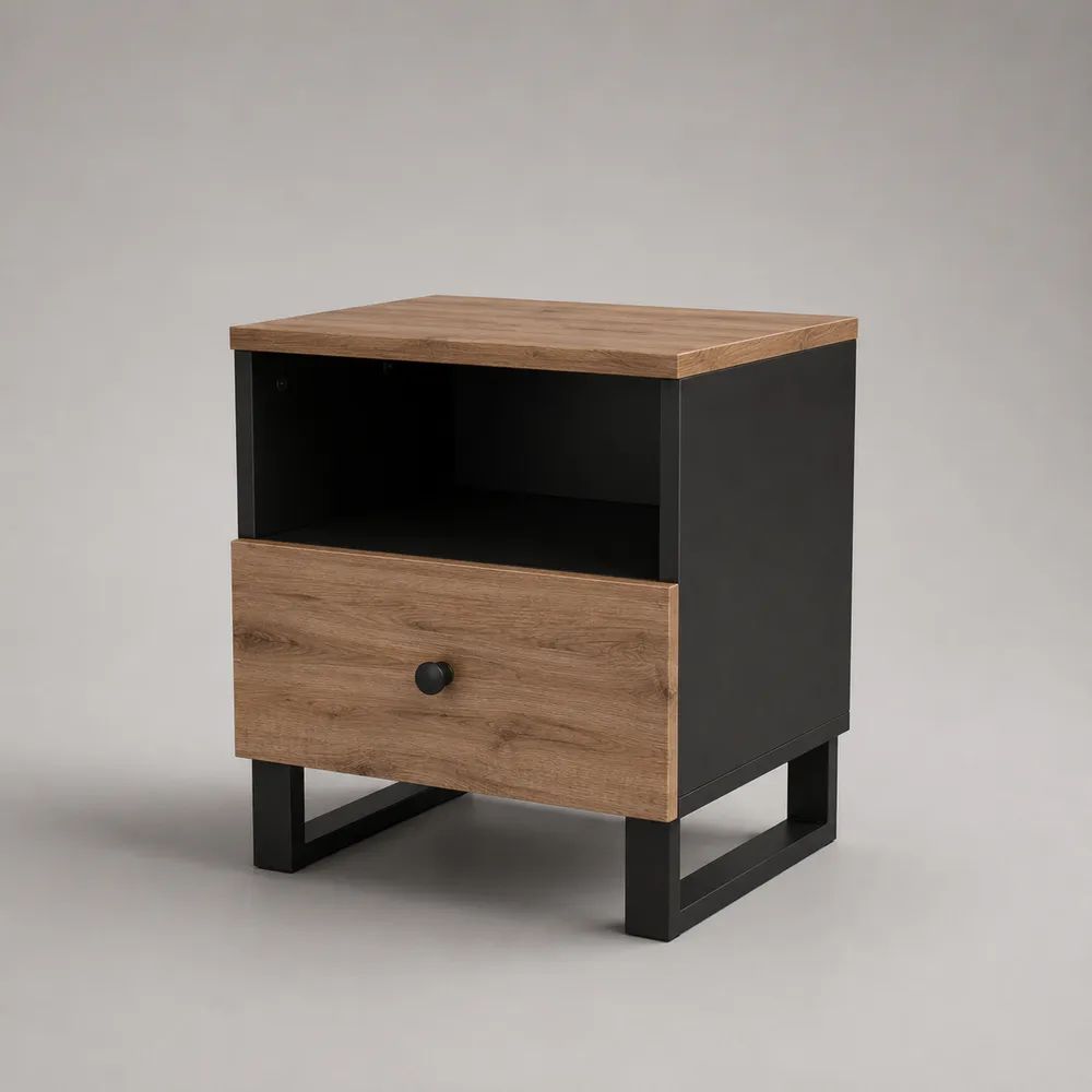 Nachttisch mit Schublade und offenem Ablagefach aus MDF und Stahl, Schwarz/Eichefarben, 40 × 35 × 55 cm