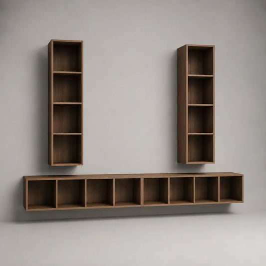 3-teiliges TV-Wandmöbel-Set aus Holz in Nussbaumbraun, Lowboard 240 × 30 × 36 cm und 2 Wandregale je 35 × 25 × 140 cm