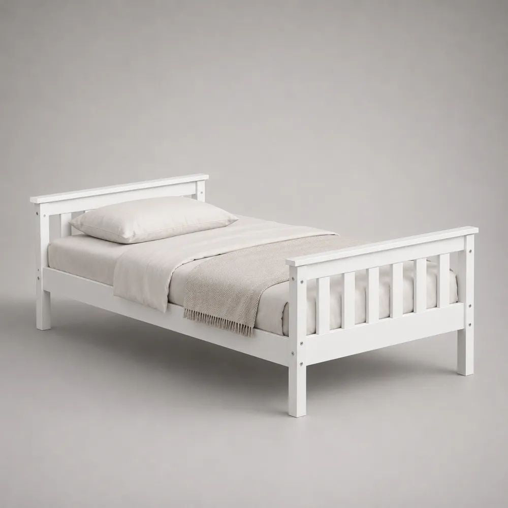 Einzelbett aus massivem Kiefernholz, Weiß, Liegefläche 90 × 200 cm, Außenmaß 209 × 99 × 82 cm