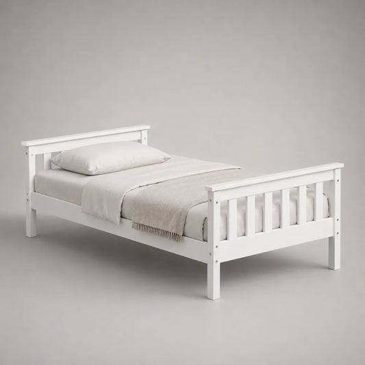Einzelbett aus massivem Kiefernholz, Weiß, Liegefläche 90 × 200 cm, Außenmaß 209 × 99 × 82 cm