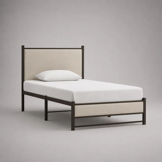 Einzelbett aus Stahl mit gepolstertem Kopf- und Fußteil, 90 x 200 cm, Dunkelbraun/Beige