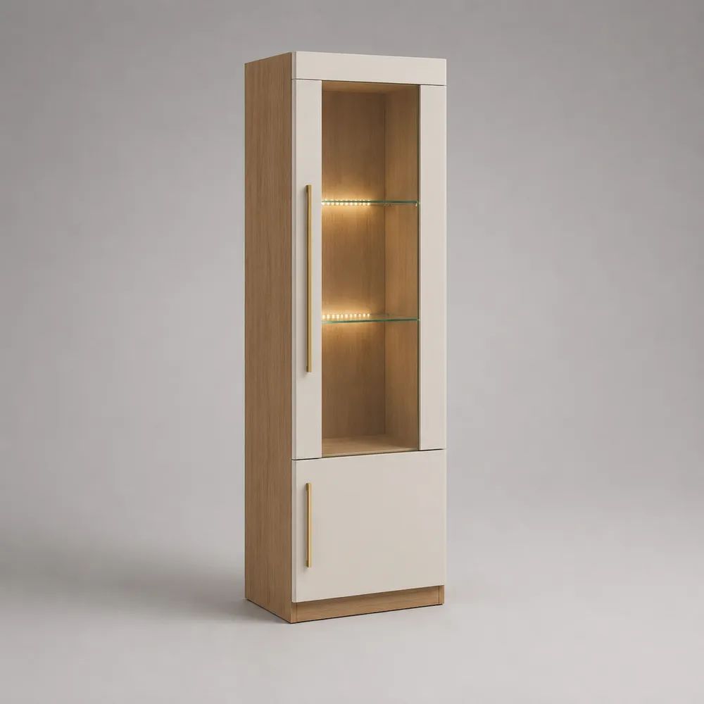 Vitrine mit LED-Beleuchtung, Glastür und Schranktür aus Spanplatte und Glas, Weiß/Eiche/Gold, 60 × 40 × 190 cm