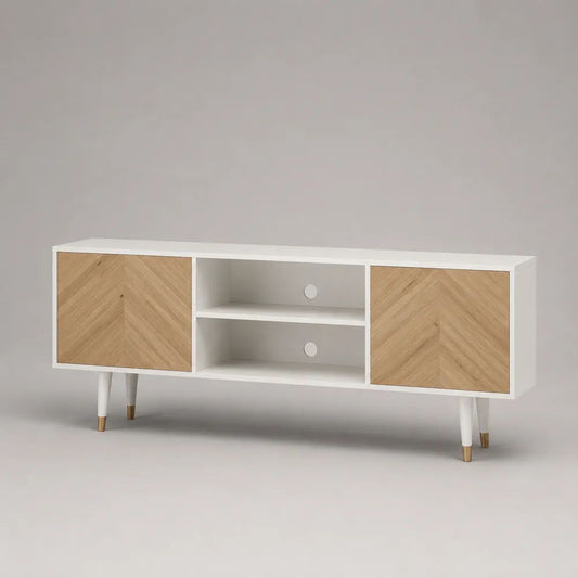 TV-Lowboard aus MDF und Eichenfurnier mit 2 Türen und 2 offenen Fächern, Weiß/Natur/Messingfarben, 140 × 40 × 60 cm
