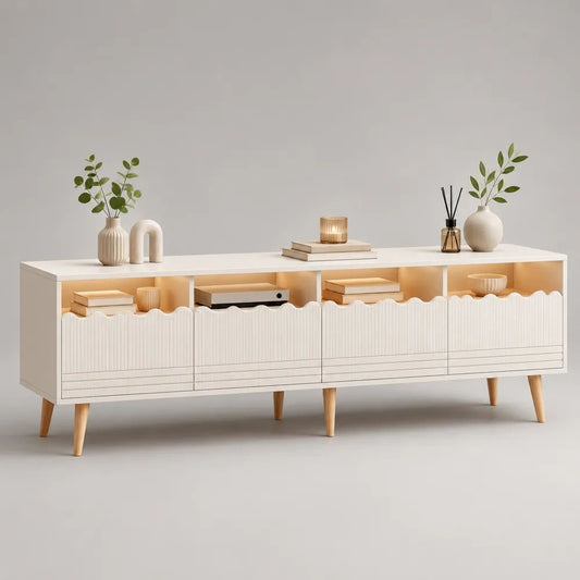 TV-Lowboard Sideboard aus MDF und Massivholz mit 4 Türen und 4 offenen Fächern, Weiß/Natur, 180 x 40 x 80 cm