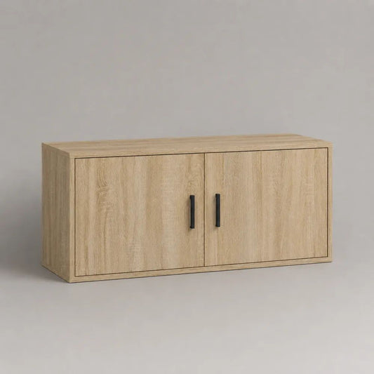 TV-Schrank mit 2 Türen aus Holz und Metall, Eiche hell/Schwarz, 100 × 35 × 50 cm