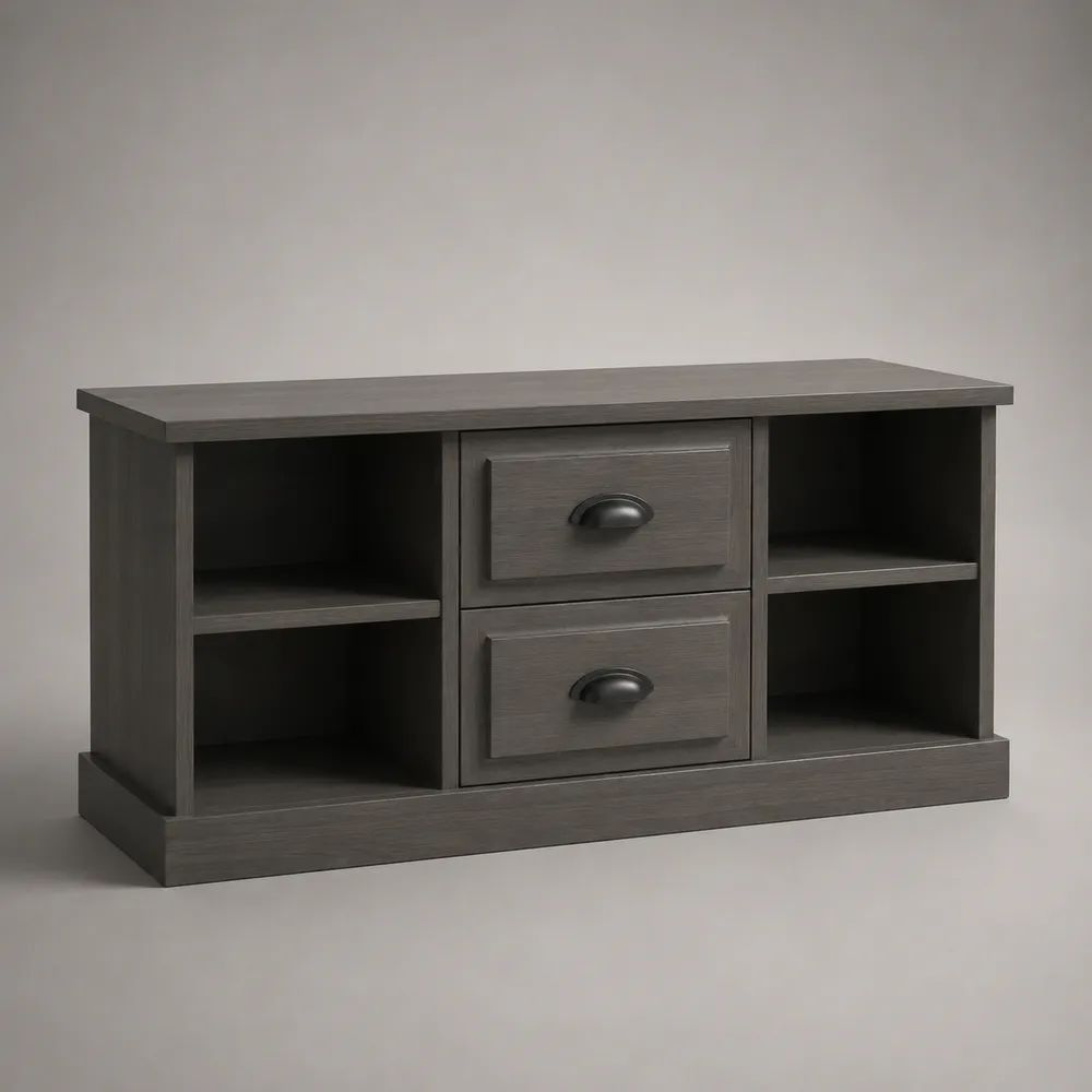 TV-Lowboard aus MDF mit 2 Schubladen und 4 offenen Fächern, Graphitgrau, 110 × 40 × 60 cm