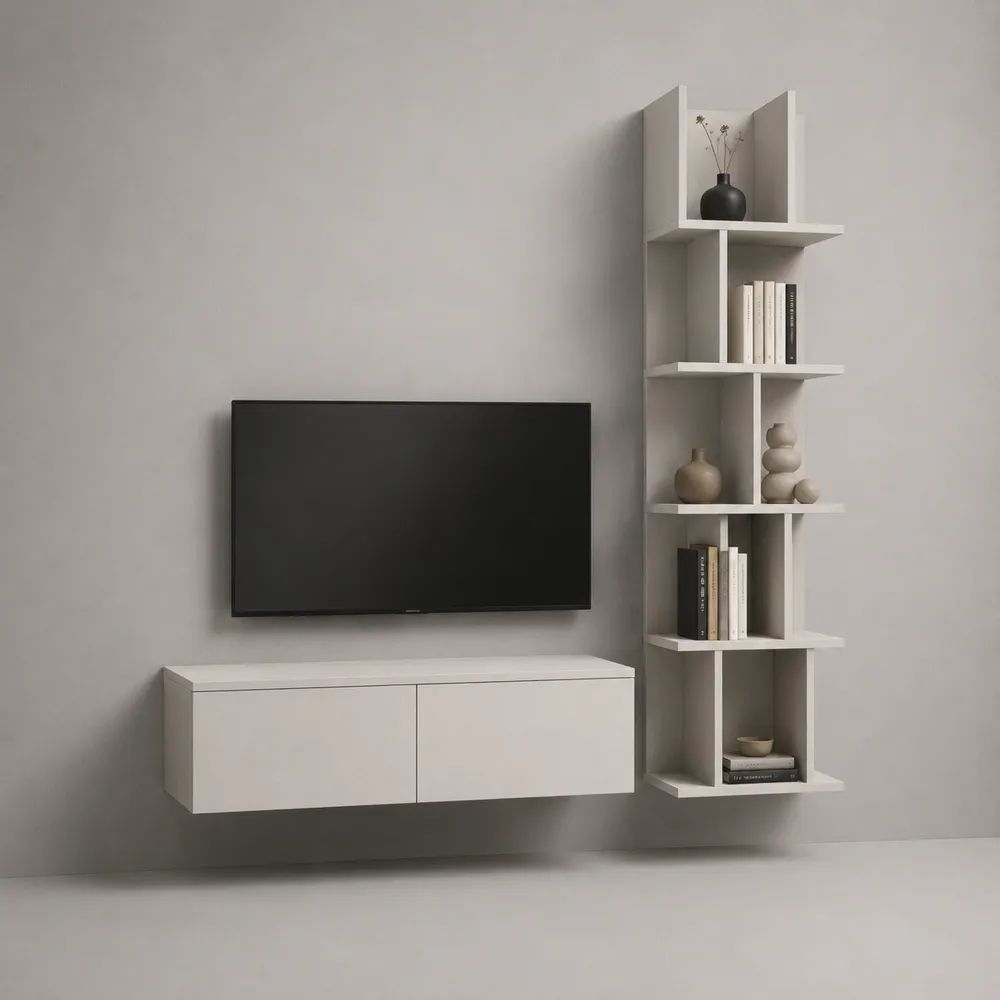 2-teiliges TV-Wandmöbel-Set aus MDF in Weiß, Lowboard 120 × 35 × 35 cm und Wandregal 45 × 180 × 25 cm