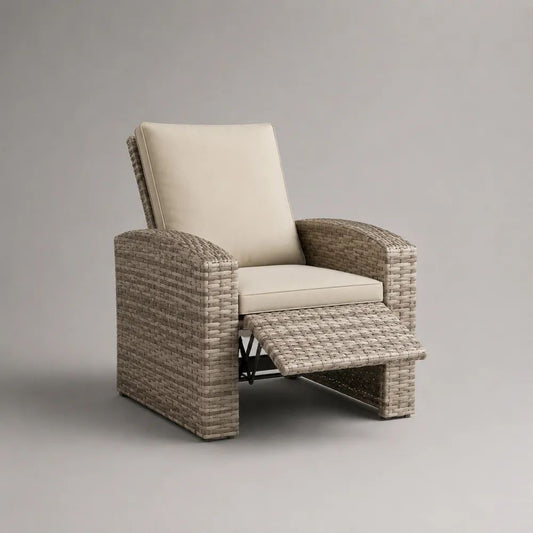 Garten-Relaxsessel mit ausziehbarer Fußstütze aus PE-Rattan und Stahl, Taupe/Beige, 78 x 82–130 x 100 cm