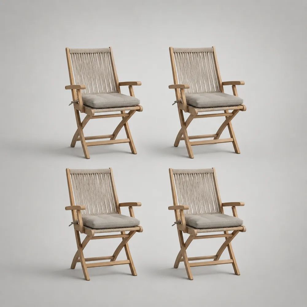 Klappbare Gartenstühle im 4er-Set aus Holz mit Seilgeflecht und Sitzkissen, Natur/Beige/Hellgrau, 58 × 63 × 91 cm