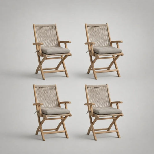 Klappbare Gartenstühle im 4er-Set aus Holz mit Seilgeflecht und Sitzkissen, Natur/Beige/Hellgrau, 58 × 63 × 91 cm