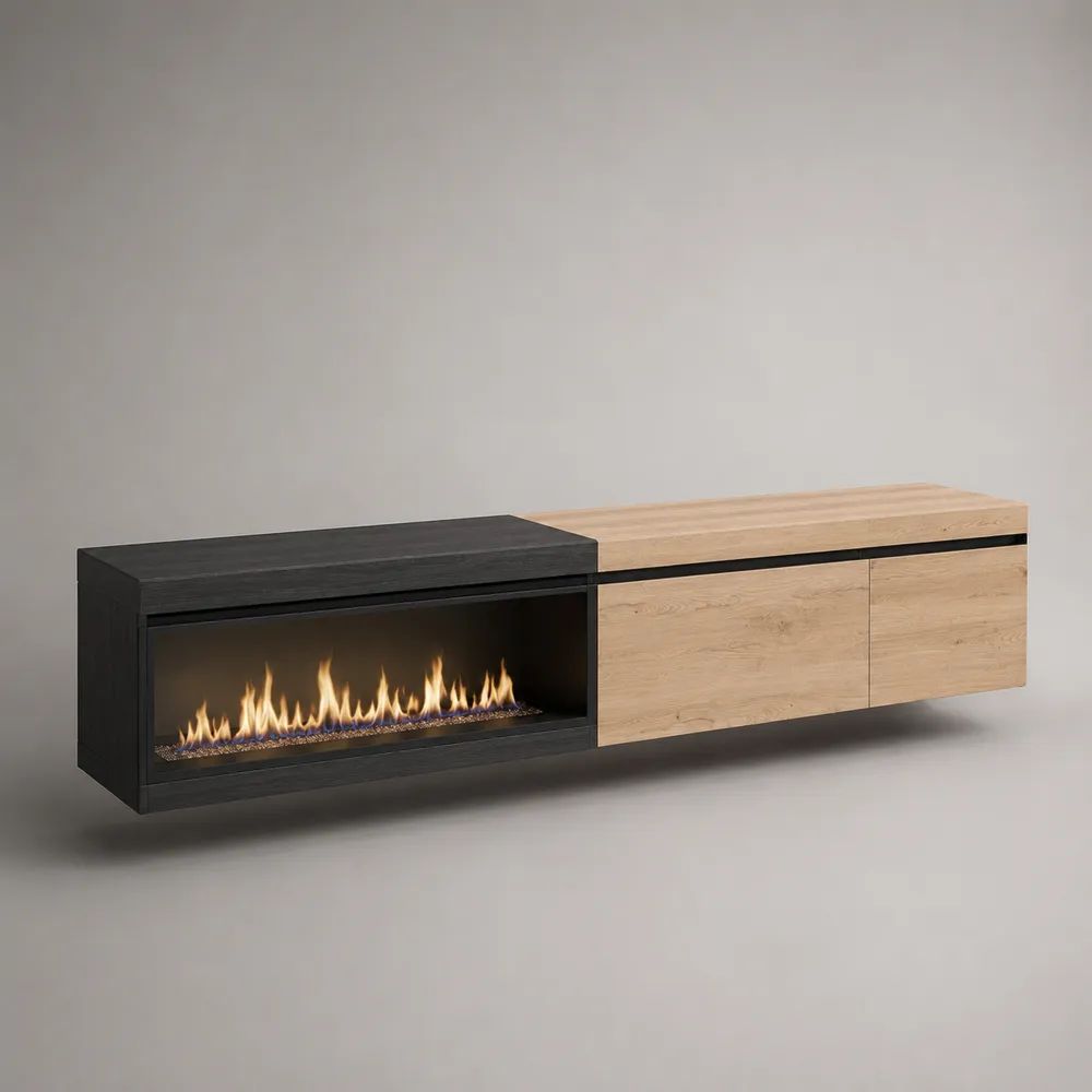 Wandhängendes TV-Lowboard mit Elektrokamin aus MDF, Eiche Natur/Schwarz, 240 × 40 × 55 cm