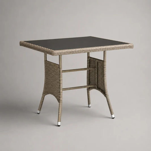 Quadratischer Gartentisch aus PE-Rattan mit Stahlgestell und 5-mm-Glasplatte, Taupe/Schwarz, 80 x 80 x 75 cm